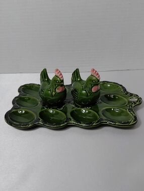 Green Ceramic Devilled Egg Platter with Chicken Salt & Pepper Shakers - Vintage